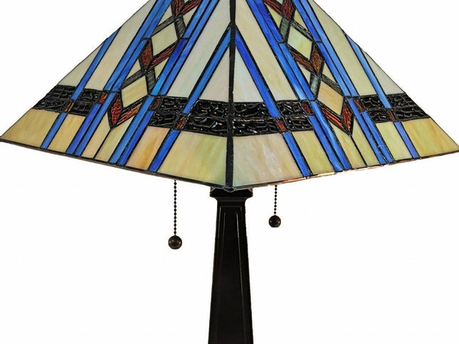 22" Dark Brown Metal Two Light Candlestick Table Lamp With Blue Empire Shade