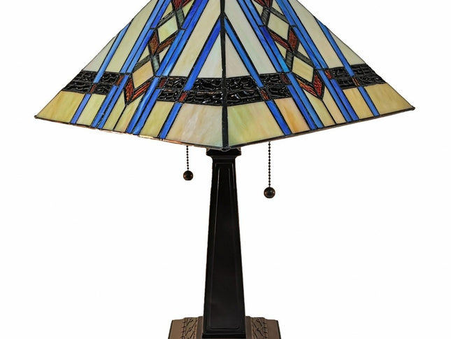 22" Dark Brown Metal Two Light Candlestick Table Lamp With Blue Empire Shade