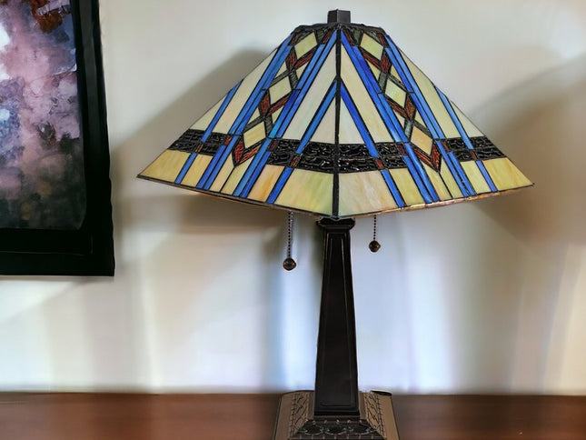 22" Dark Brown Metal Two Light Candlestick Table Lamp With Blue Empire Shade