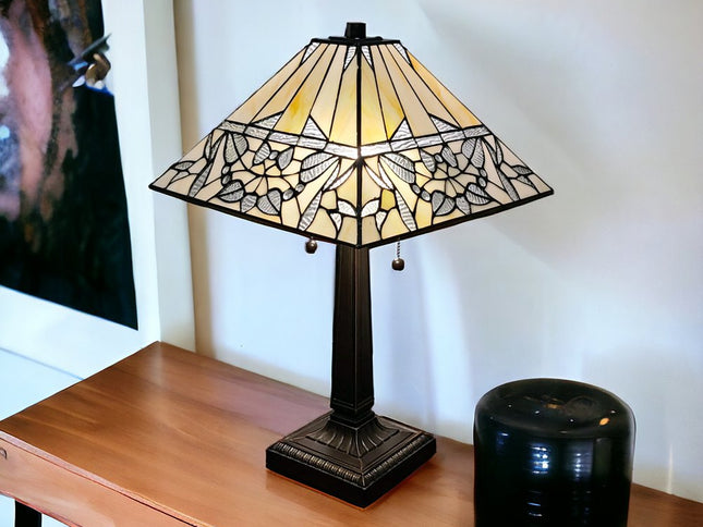 22" Dark Brown Metal Two Light Candlestick Table Lamp With White Shade