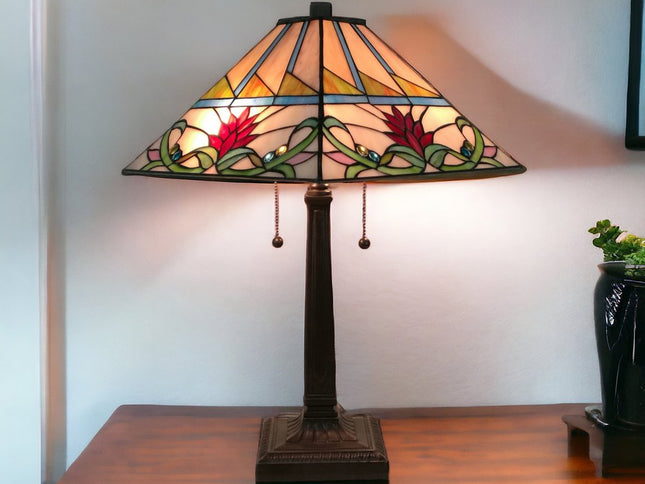 22" Dark Brown Metal Two Light Candlestick Table Lamp With White Empire Shade