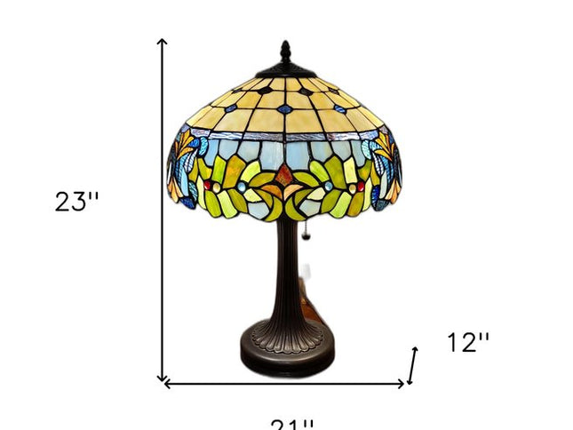 23" Dark Brown Metal Two Light Candlestick Table Lamp With Green Shade