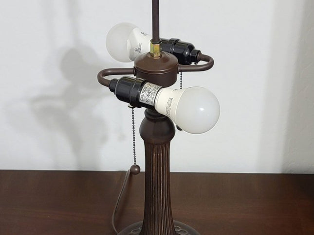 23" Dark Brown Metal Two Light Candlestick Table Lamp With Green Shade