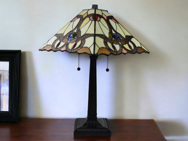 22" Dark Brown Metal Two Light Candlestick Table Lamp With Beige Empire Shade