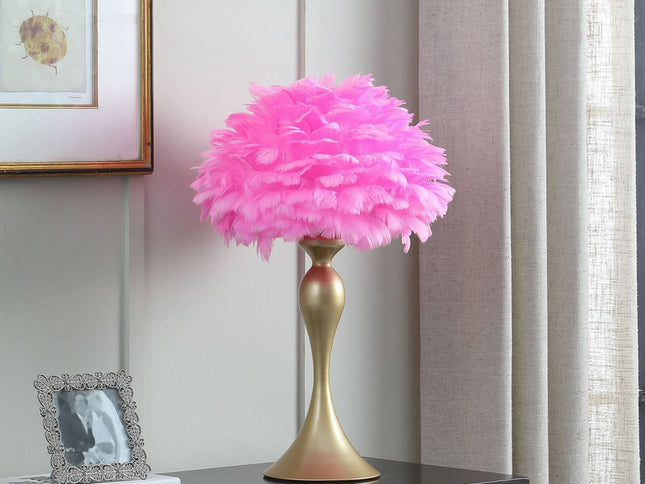 24" Glam Hot Pink Feather and Gold Table Lamp