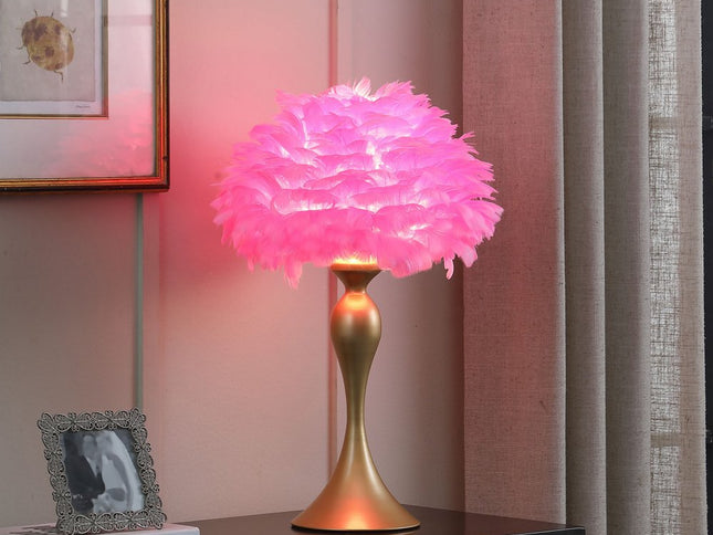 24" Glam Hot Pink Feather and Gold Table Lamp