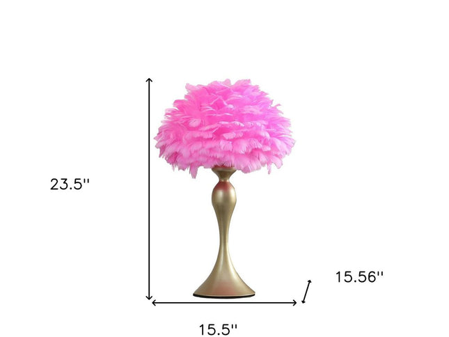 24" Glam Hot Pink Feather and Gold Table Lamp