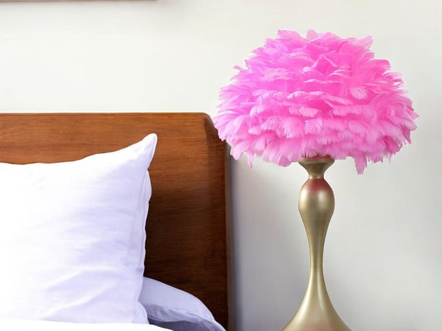 24" Glam Hot Pink Feather and Gold Table Lamp