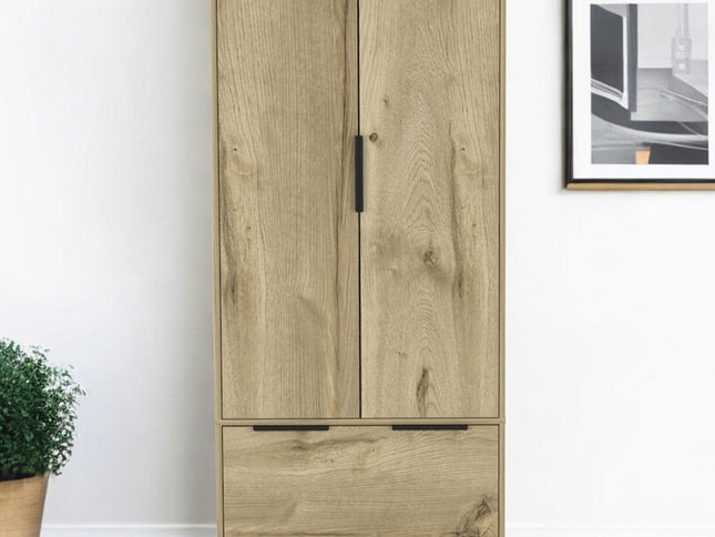 74" Oak Wood Two Door Single Drawer Combo Dresser