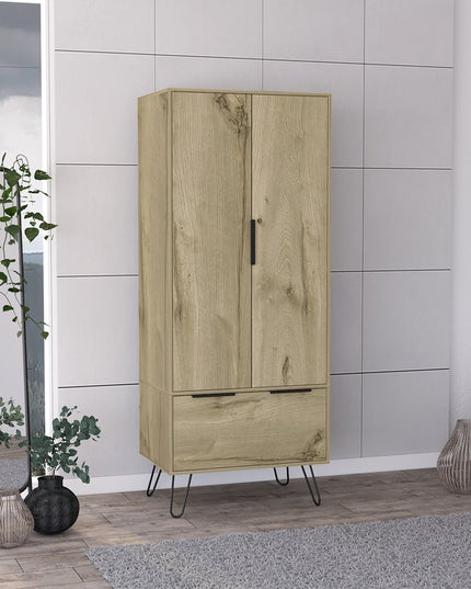 74" Oak Wood Two Door Single Drawer Combo Dresser