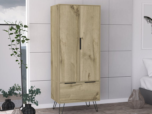 74" Oak Wood Two Door Single Drawer Combo Dresser