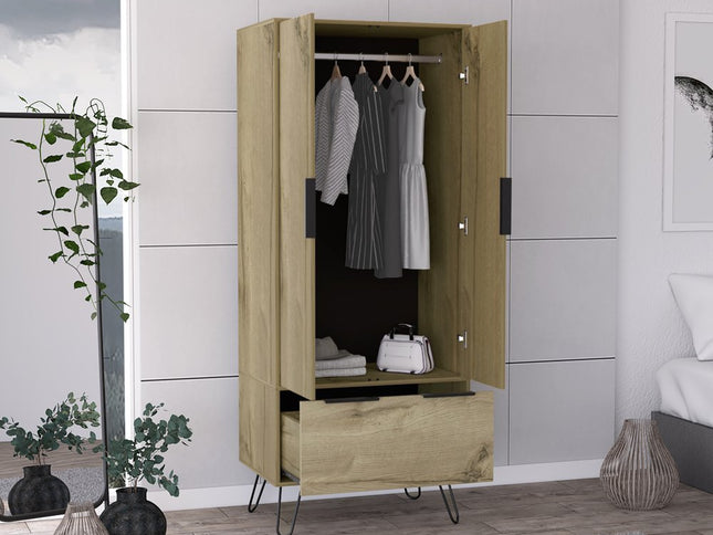 74" Oak Wood Two Door Single Drawer Combo Dresser