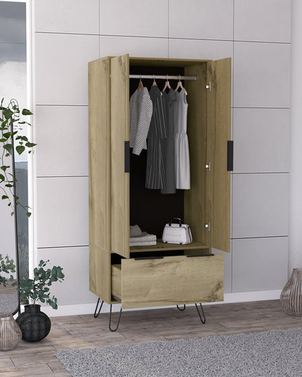 74" Oak Wood Two Door Single Drawer Combo Dresser