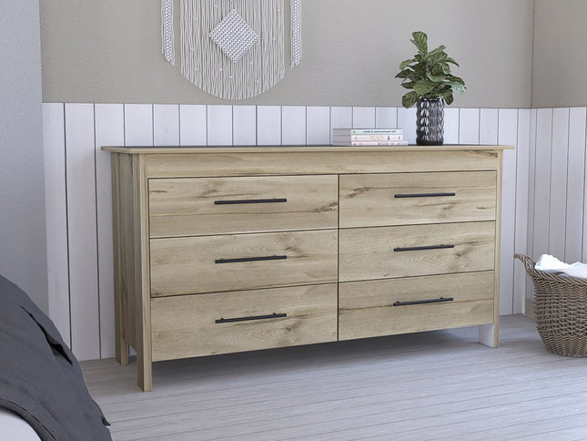 59" Natural and Black Six Drawer Double Dresser