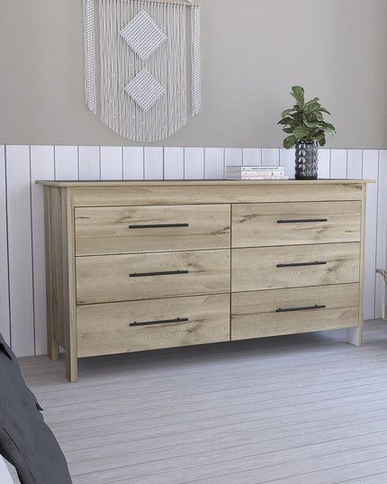 59" Natural and Black Six Drawer Double Dresser