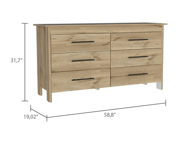 59" Natural and Black Six Drawer Double Dresser