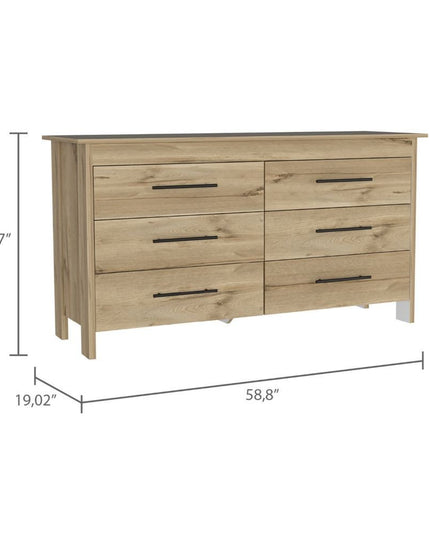 59" Natural and Black Six Drawer Double Dresser