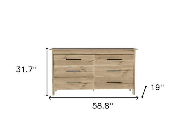 59" Natural and Black Six Drawer Double Dresser