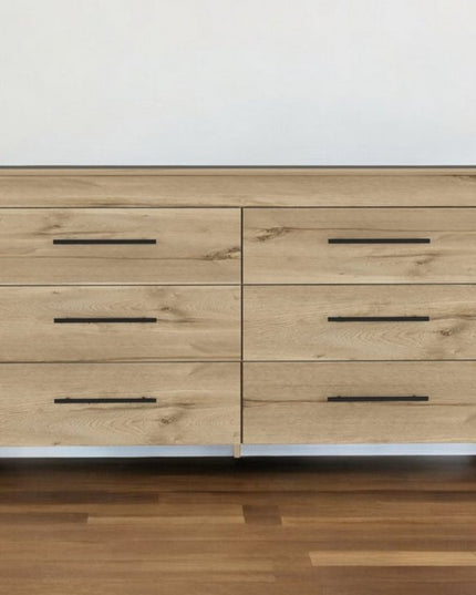 59" Natural and Black Six Drawer Double Dresser
