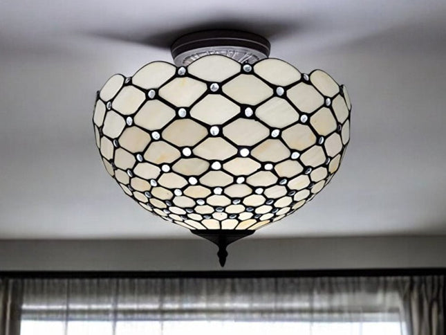 Black and White Tiffany Style Two Light Semi Flush Ceiling Lamp