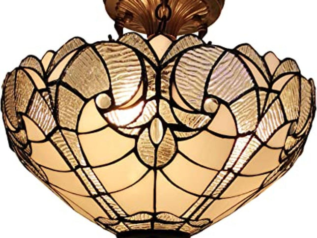 Yellow and Brown Two Light Tiffany Style Semi Flush Dimmable Ceiling Light