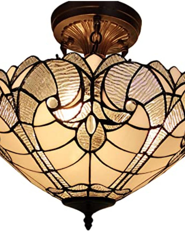Yellow and Brown Two Light Tiffany Style Semi Flush Dimmable Ceiling Light