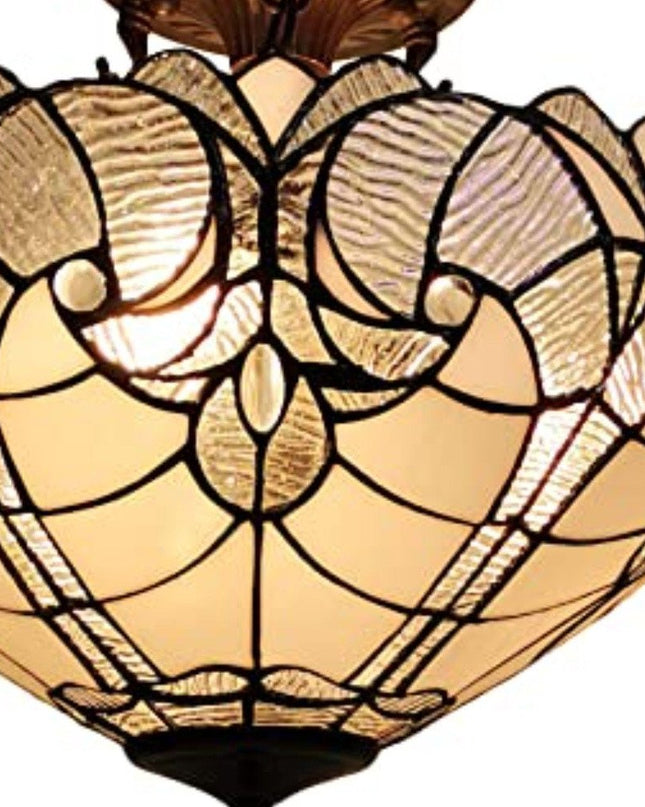 Yellow and Brown Two Light Tiffany Style Semi Flush Dimmable Ceiling Light