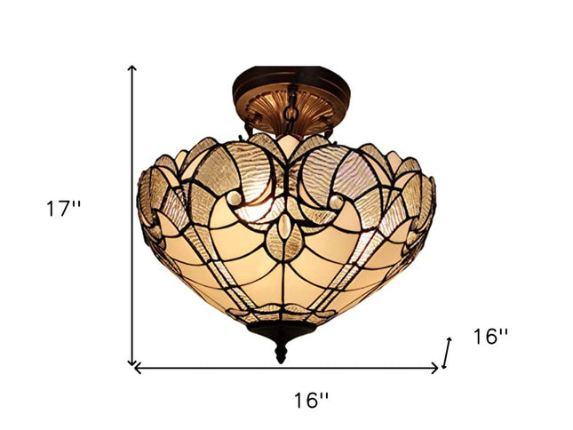 Yellow and Brown Two Light Tiffany Style Semi Flush Dimmable Ceiling Light