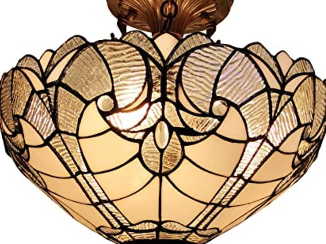 Yellow and Brown Two Light Tiffany Style Semi Flush Dimmable Ceiling Light