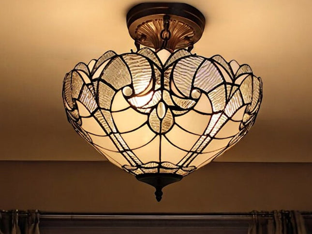 Yellow and Brown Two Light Tiffany Style Semi Flush Dimmable Ceiling Light