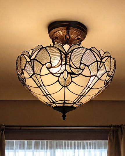 Yellow and Brown Two Light Tiffany Style Semi Flush Dimmable Ceiling Light