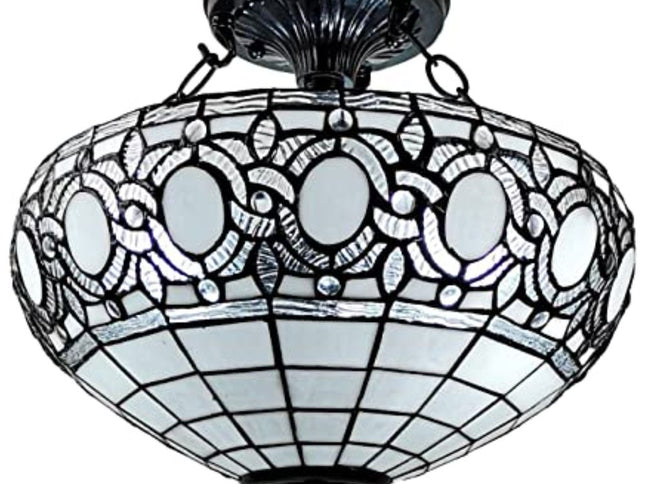 Blue and Black Tiffany Style Two Light Glass Dimmable Semi Flush Ceiling Light