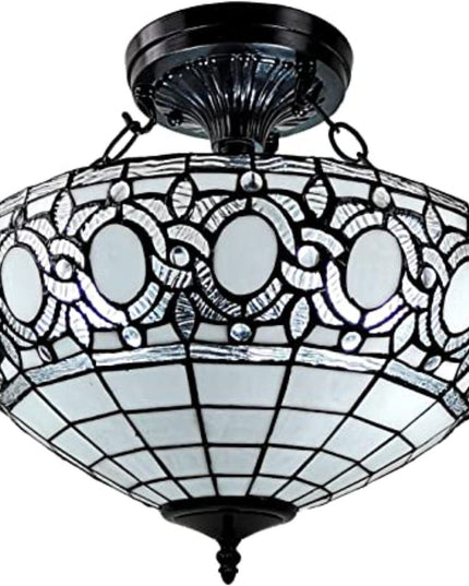 Blue and Black Tiffany Style Two Light Glass Dimmable Semi Flush Ceiling Light