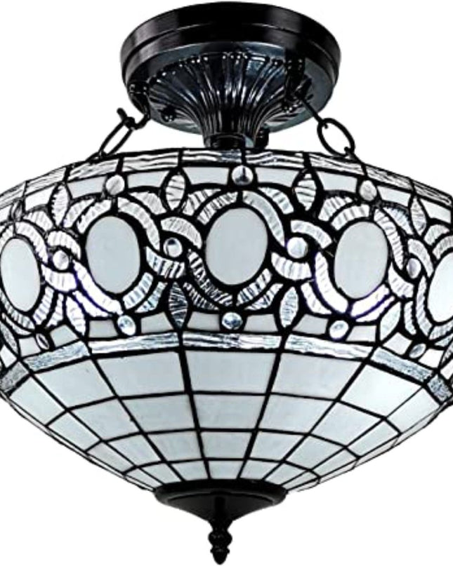 Blue and Black Tiffany Style Two Light Glass Dimmable Semi Flush Ceiling Light