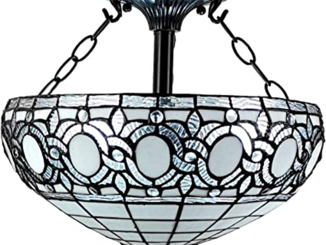 Blue and Black Tiffany Style Two Light Glass Dimmable Semi Flush Ceiling Light