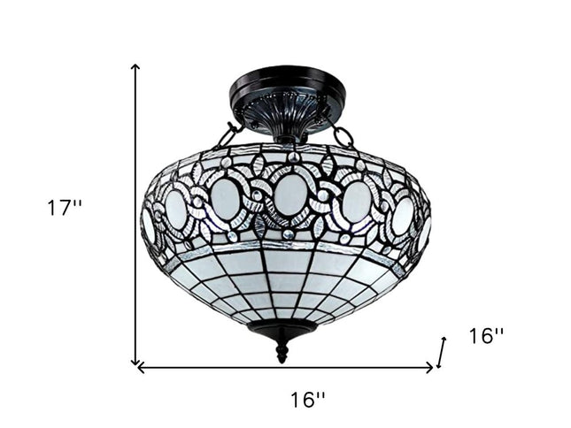 Blue and Black Tiffany Style Two Light Glass Dimmable Semi Flush Ceiling Light