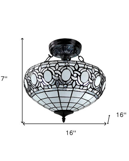 Blue and Black Tiffany Style Two Light Glass Dimmable Semi Flush Ceiling Light
