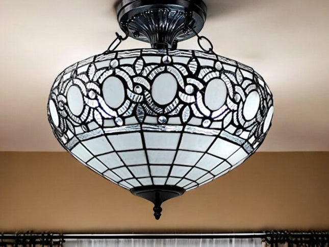 Blue and Black Tiffany Style Two Light Glass Dimmable Semi Flush Ceiling Light