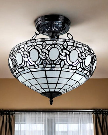 Blue and Black Tiffany Style Two Light Glass Dimmable Semi Flush Ceiling Light