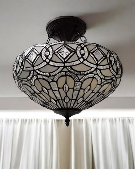 Black and Gray Tiffany Style Two Light Glass Dimmable Semi Flush Ceiling Light