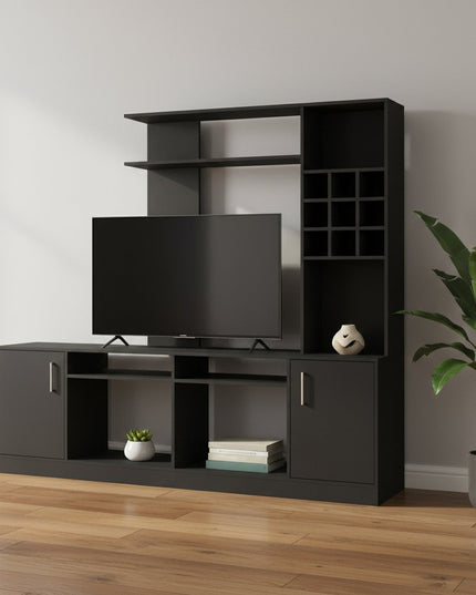 78" Black Wood Open shelving Entertainment Center