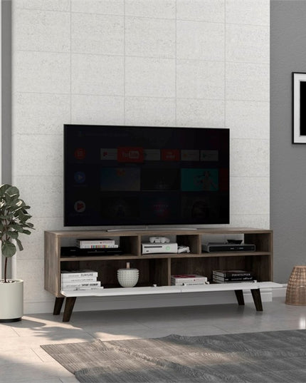 54" Brown And White Particle Board Open Shelving TV Stand