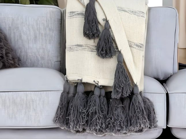 Off White Woven Cotton Solid Color Reversable Throw