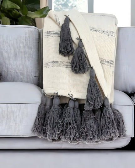 Off White Woven Cotton Solid Color Reversable Throw