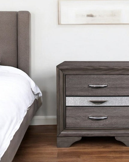 27" Gray Wood and Solid Wood Two Drawer Nightstand