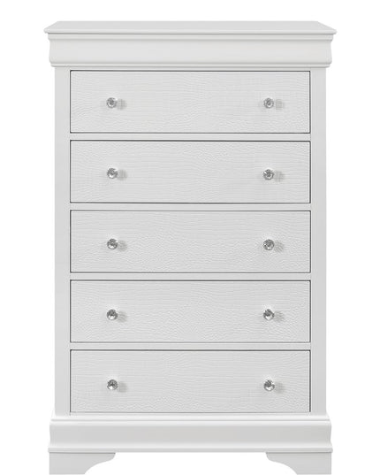 31" Metallic White Solid Wood Five Drawer Chest