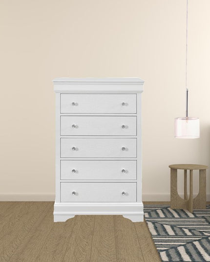 31" Metallic White Solid Wood Five Drawer Chest