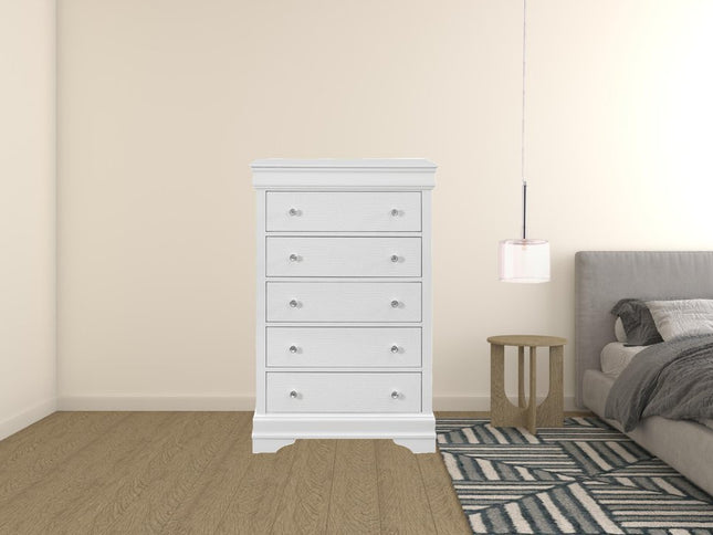31" Metallic White Solid Wood Five Drawer Chest