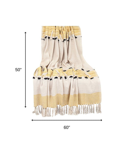 50" X 60" Yellow and Ivory Woven Cotton Striped Throw Blanket with Tassels
