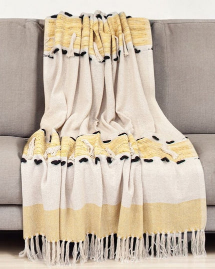50" X 60" Yellow and Ivory Woven Cotton Striped Throw Blanket with Tassels